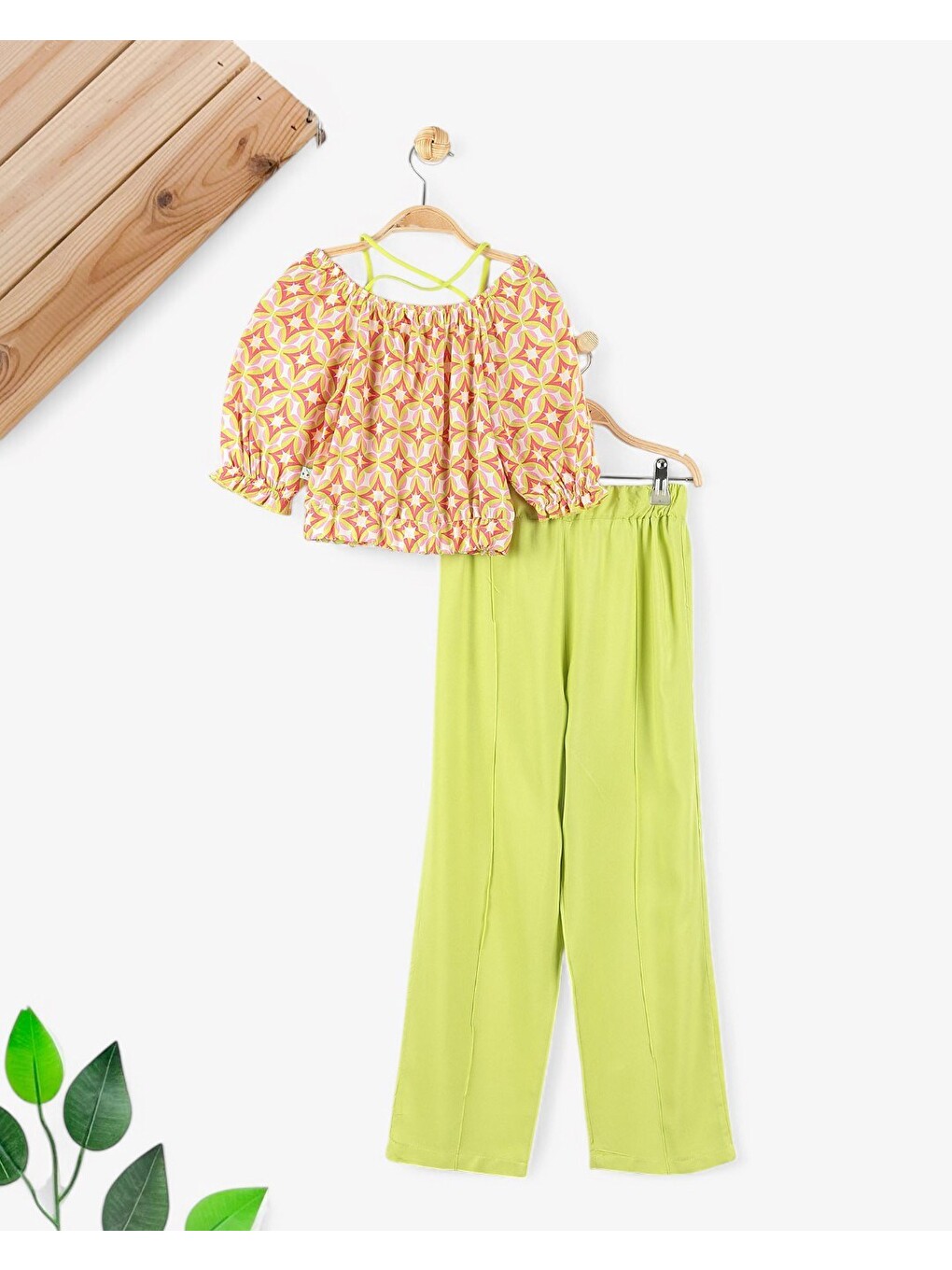 Yeşil Kız Çocuk Yazlık Etnik Desen Bluzlu, Müslin Pantalonlu 6-7-8-9-10 Yaş Bol Paçalı Takım-4