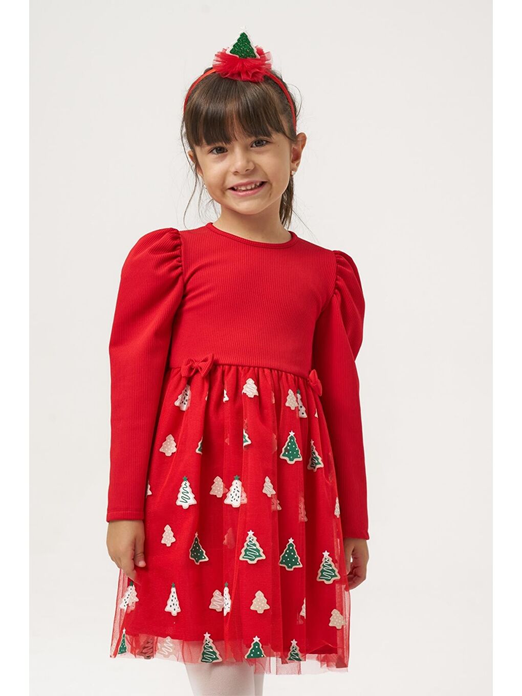 Kız Çocuk Pamuklu Kırmızı Ağacı Desenli Tüllü Elbise - Balon Kollu Yılbaşı Elbisesi-4