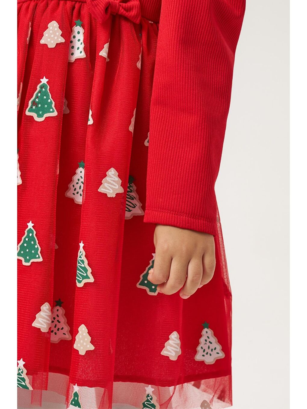 Kız Çocuk Pamuklu Kırmızı Ağacı Desenli Tüllü Elbise - Balon Kollu Yılbaşı Elbisesi-5