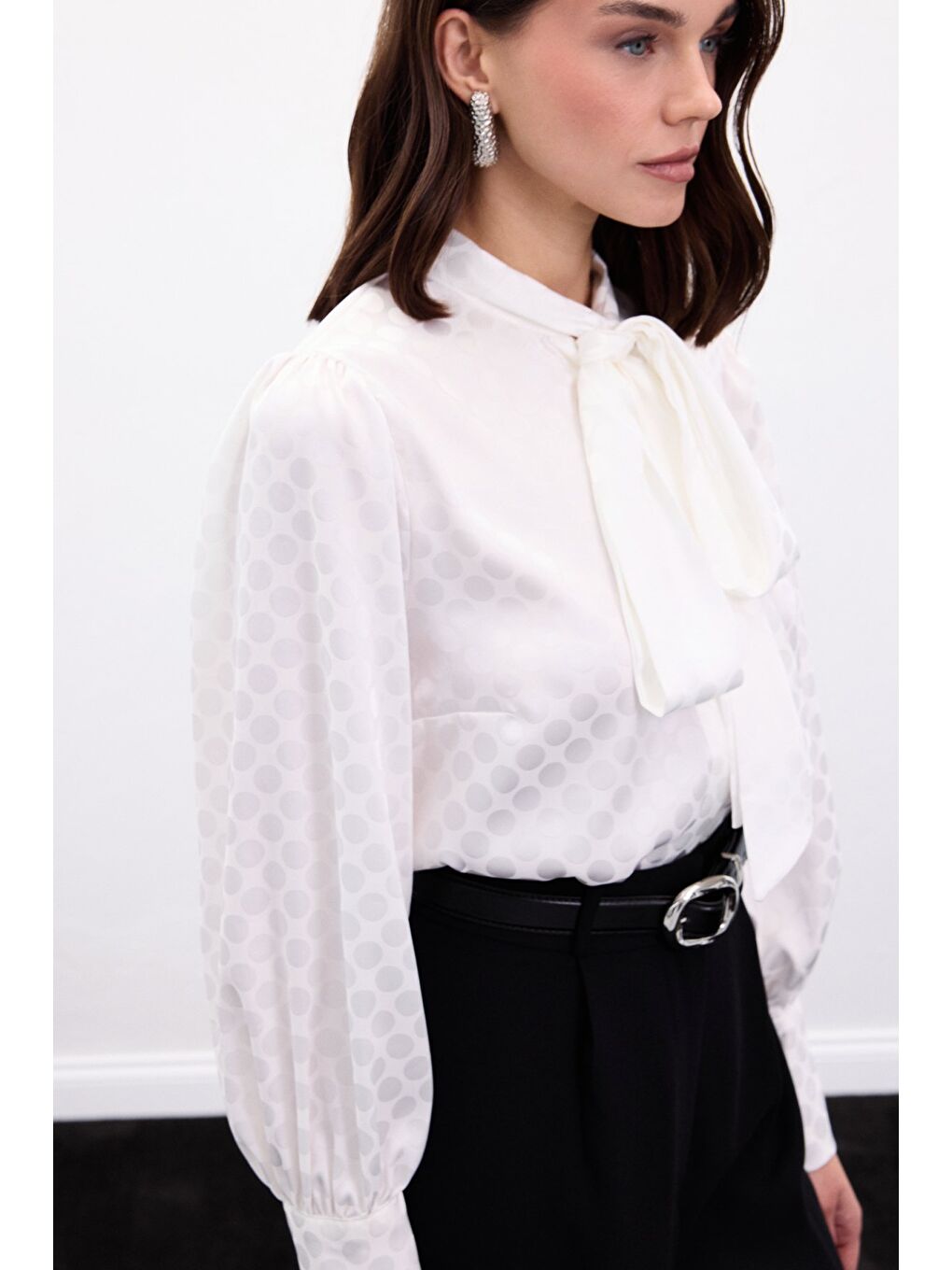 Puantiye Desenli Gömlek - Ekru-5