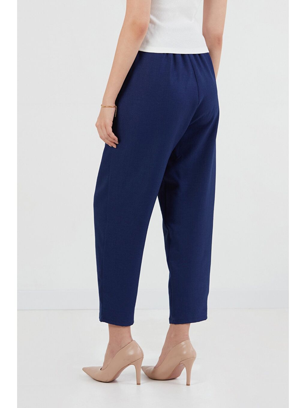 Mavi Beli Bağlamalı Çimalı Keten Şalvar Pantolon-2