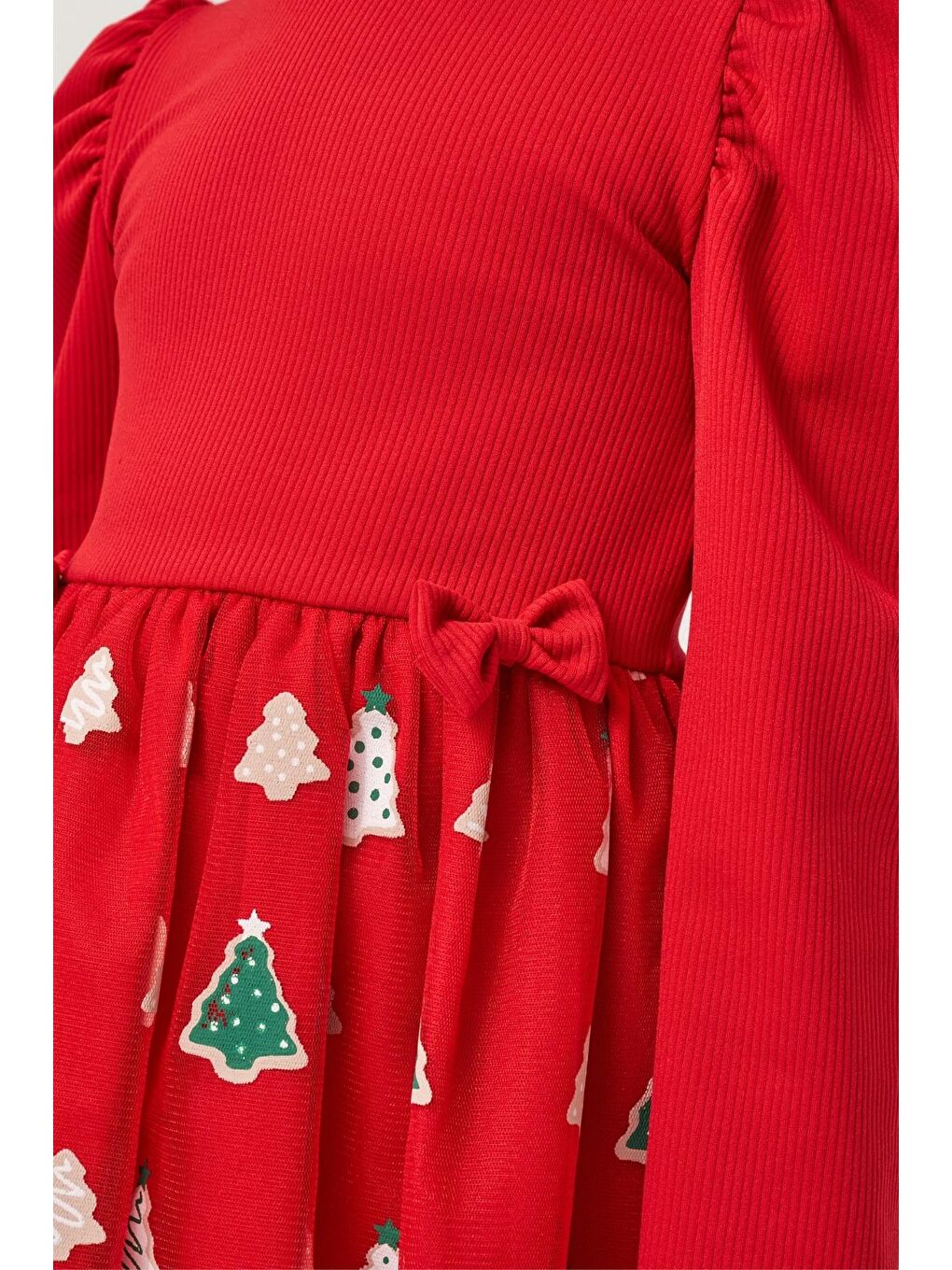 Kız Çocuk Pamuklu Kırmızı Ağacı Desenli Tüllü Elbise - Balon Kollu Yılbaşı Elbisesi-6