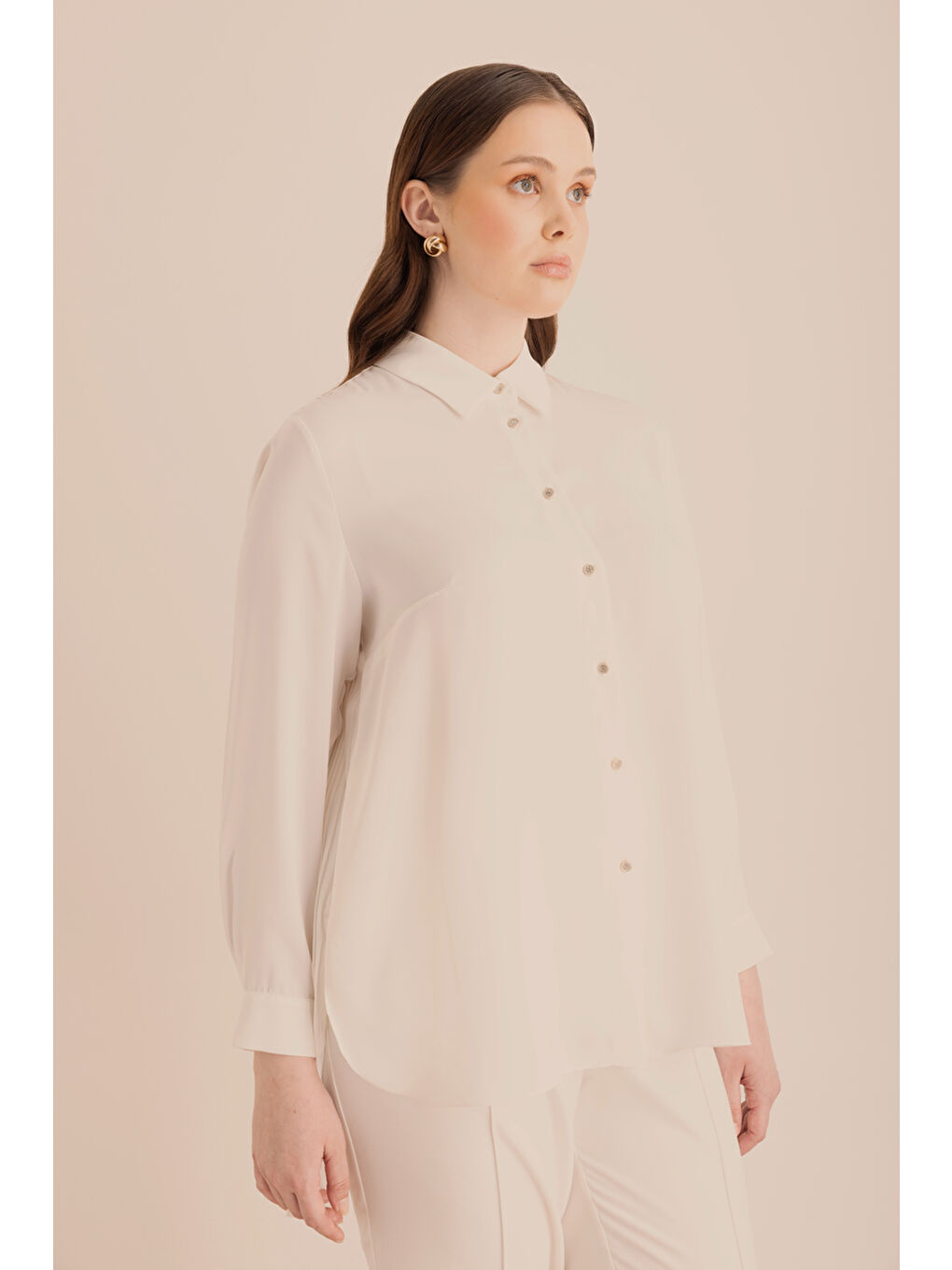 Ekru Arkası Pilise Detaylı Dokuma Tunik-1