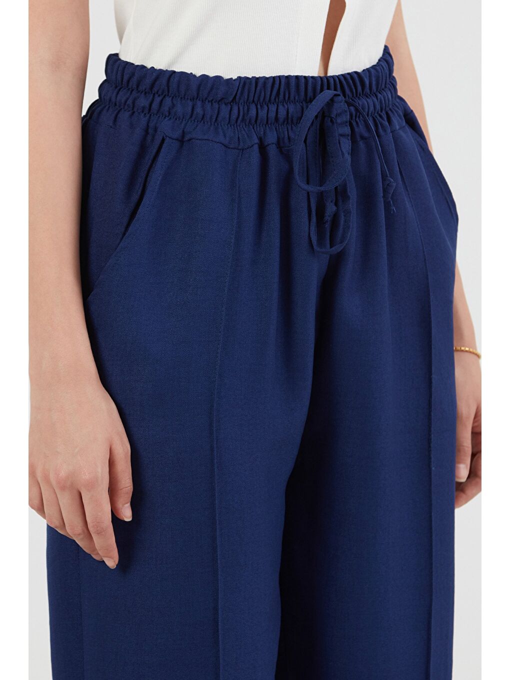 Mavi Beli Bağlamalı Çimalı Keten Şalvar Pantolon-4