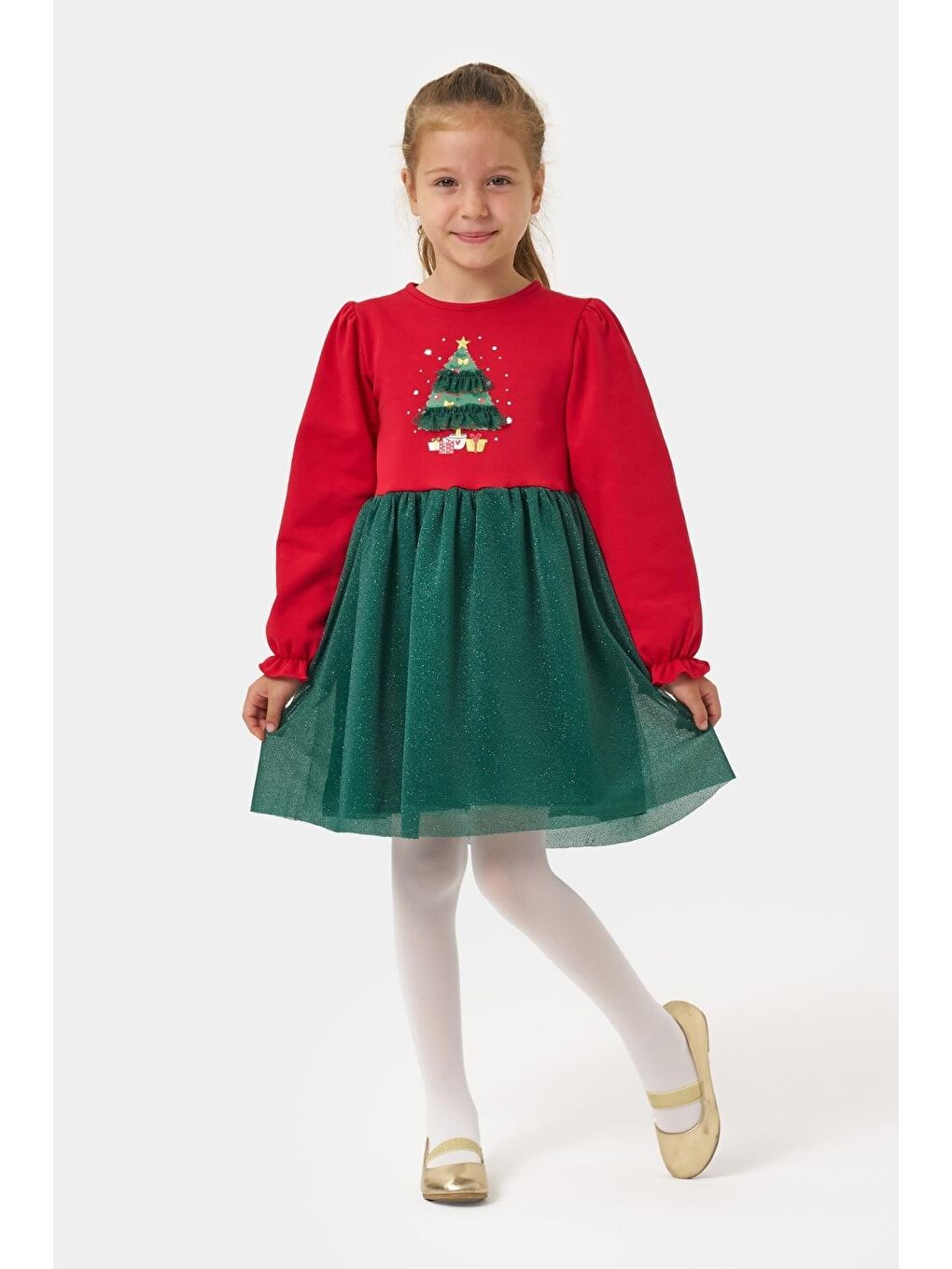 Karışık Kız Çocuk Pamuklu Kırmızı Yeşil Yılbaşı Ağacı Desenli Tüllü Elbise - Parıltılı Etek Detaylı-1