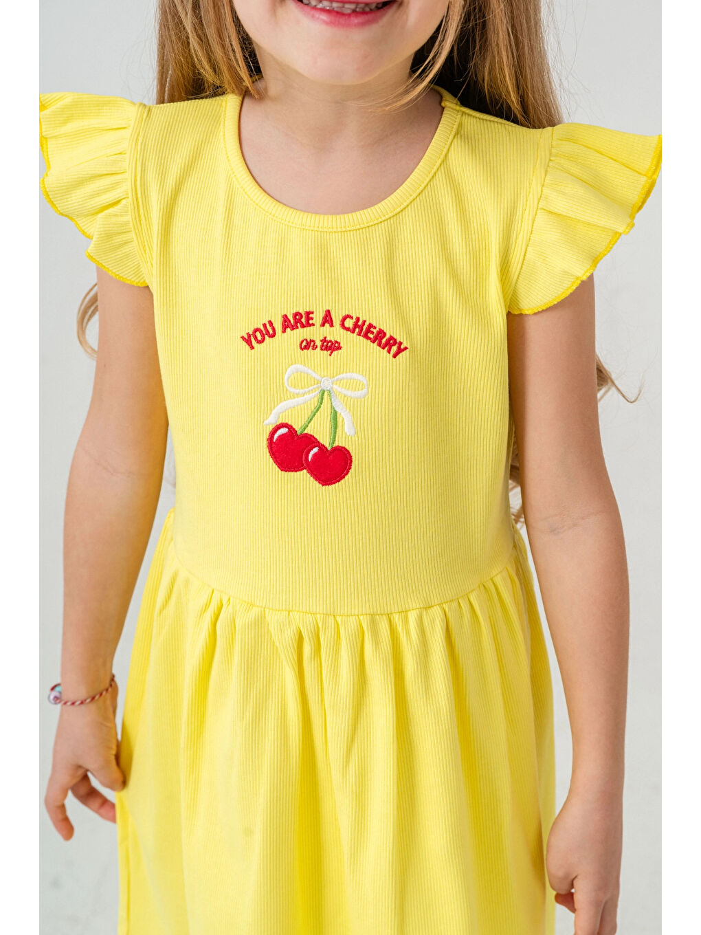 Sarı Kiraz Nakışlı Kız Çocuk Elbise 50772-1