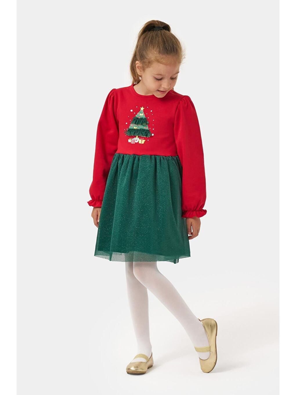 Karışık Kız Çocuk Pamuklu Kırmızı Yeşil Yılbaşı Ağacı Desenli Tüllü Elbise - Parıltılı Etek Detaylı-2