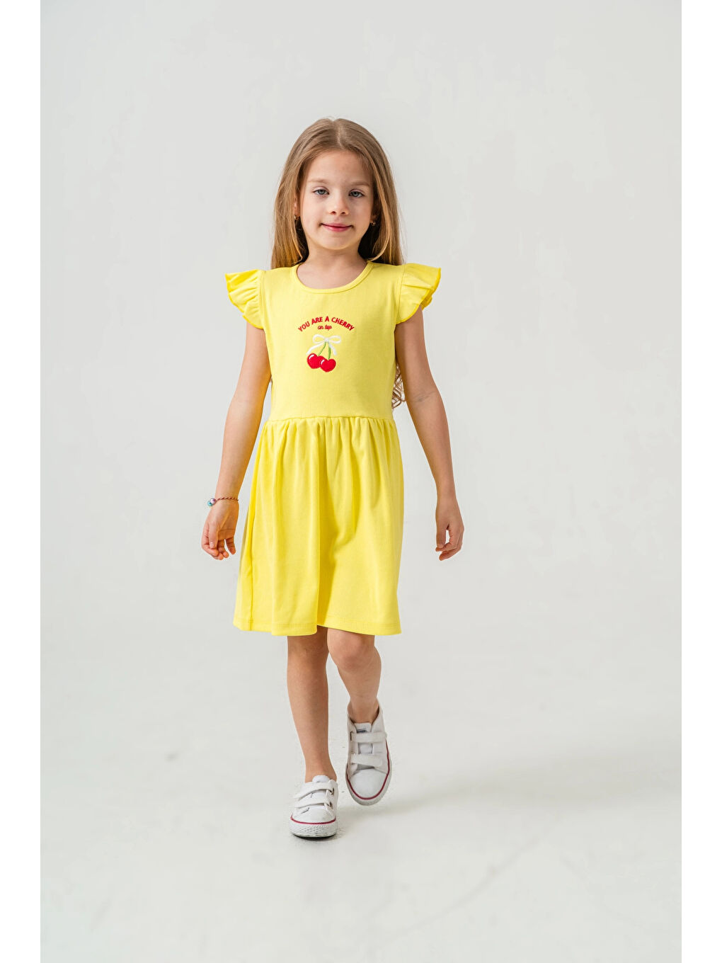 Sarı Kiraz Nakışlı Kız Çocuk Elbise 50772-2