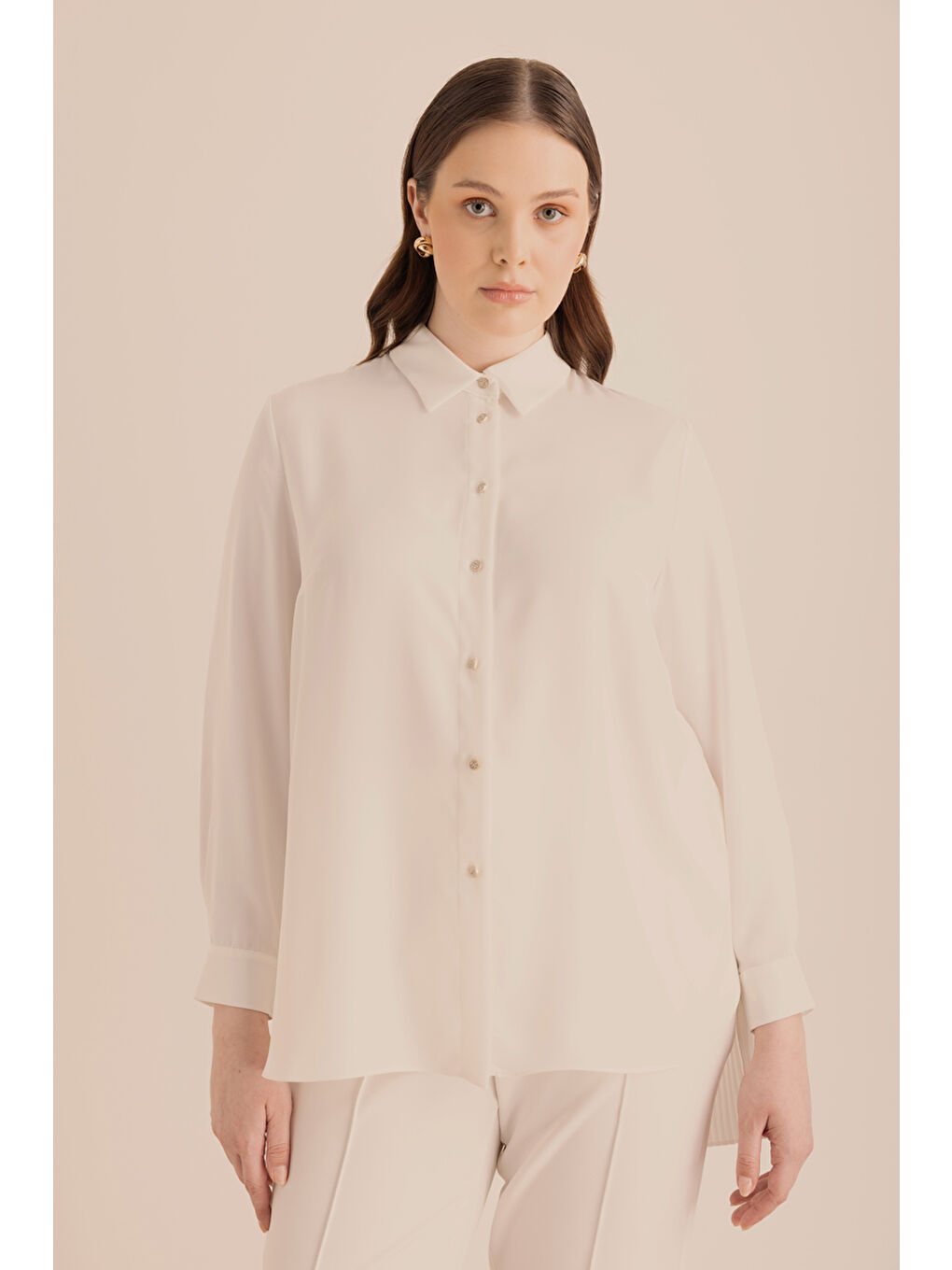 Ekru Arkası Pilise Detaylı Dokuma Tunik-3