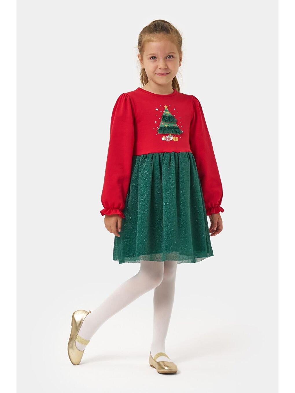 Karışık Kız Çocuk Pamuklu Kırmızı Yeşil Yılbaşı Ağacı Desenli Tüllü Elbise - Parıltılı Etek Detaylı-3