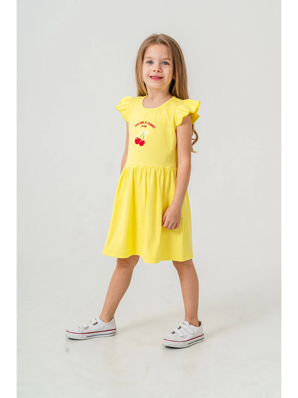 Sarı Kiraz Nakışlı Kız Çocuk Elbise 50772-3
