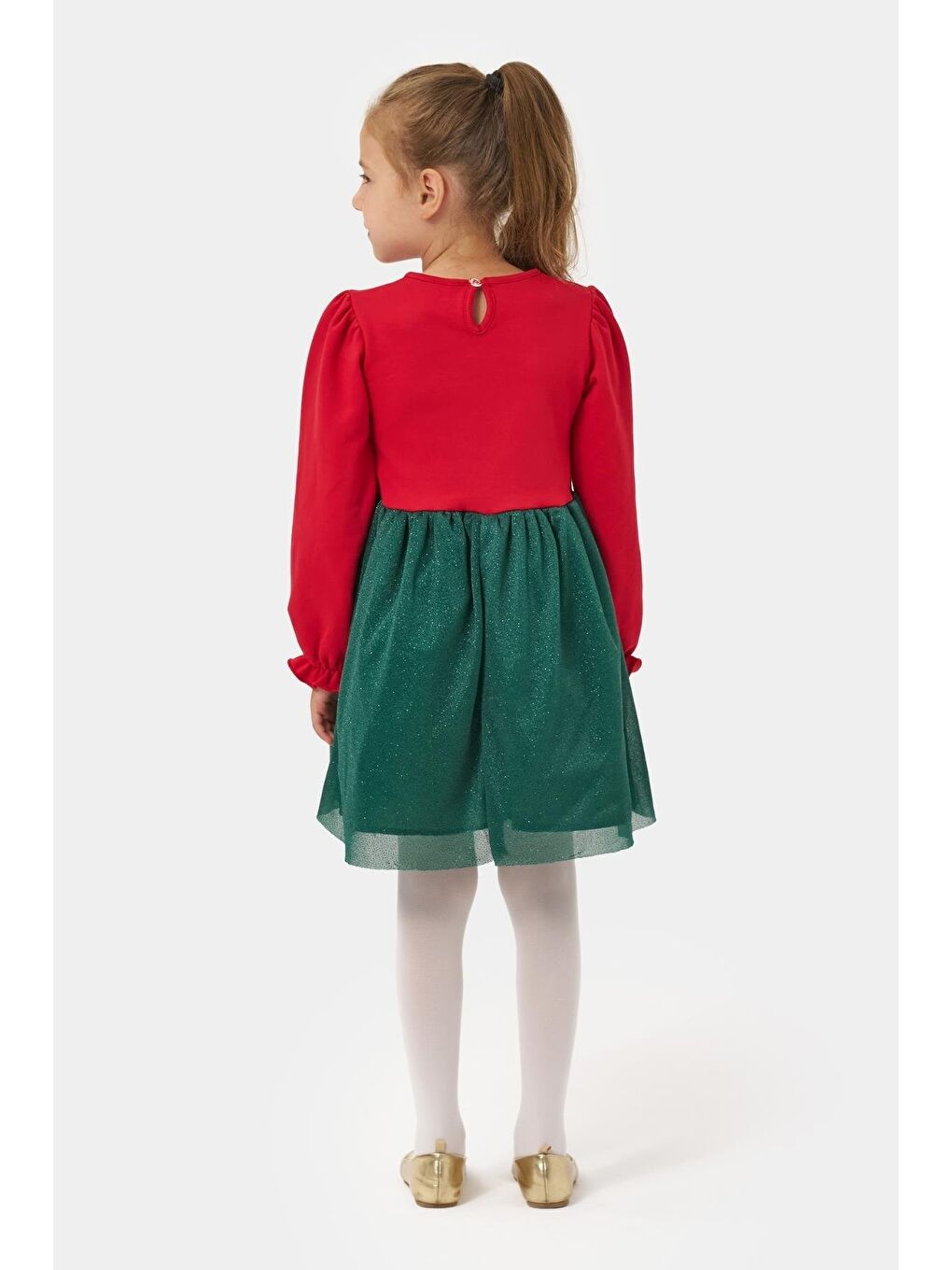 Karışık Kız Çocuk Pamuklu Kırmızı Yeşil Yılbaşı Ağacı Desenli Tüllü Elbise - Parıltılı Etek Detaylı-4