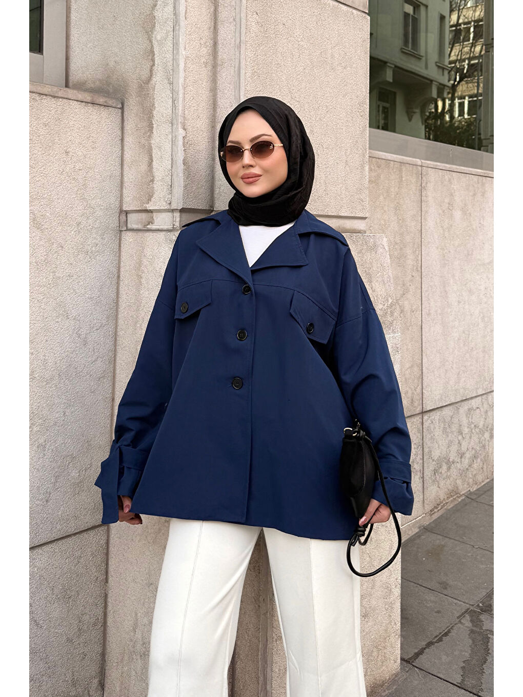 Kadın Kruvaze Yaka Trenç Lacivert-1