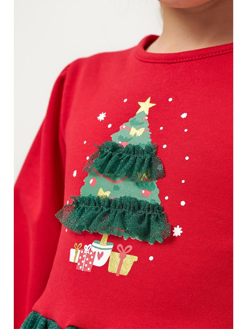 Karışık Kız Çocuk Pamuklu Kırmızı Yeşil Yılbaşı Ağacı Desenli Tüllü Elbise - Parıltılı Etek Detaylı-5