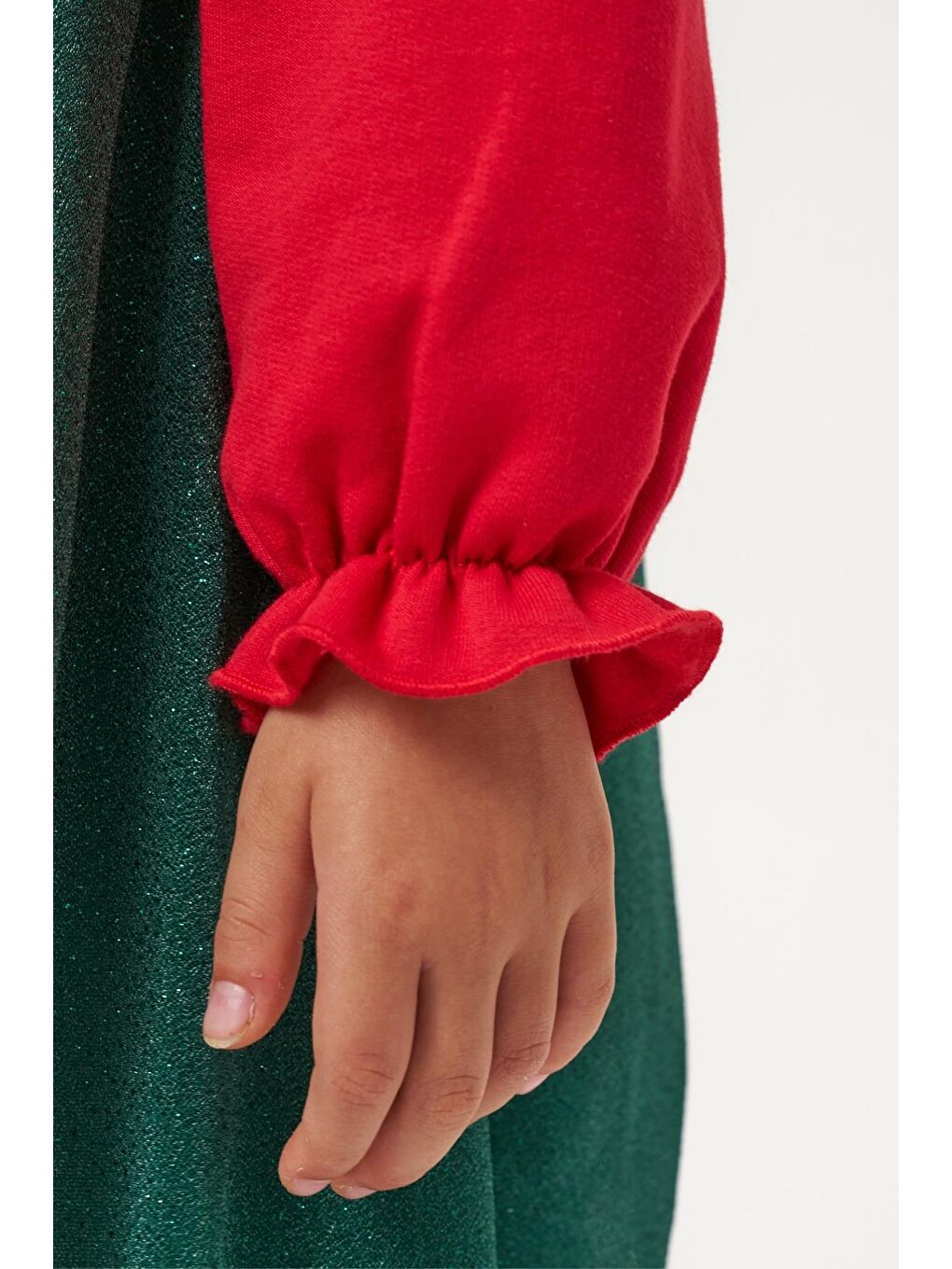 Karışık Kız Çocuk Pamuklu Kırmızı Yeşil Yılbaşı Ağacı Desenli Tüllü Elbise - Parıltılı Etek Detaylı-6