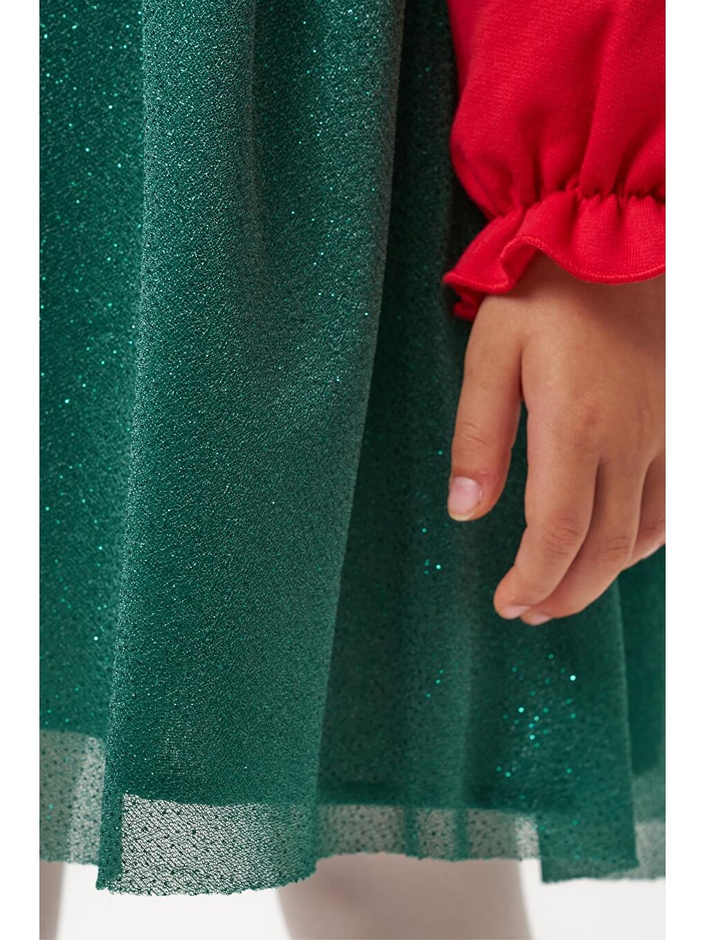 Karışık Kız Çocuk Pamuklu Kırmızı Yeşil Yılbaşı Ağacı Desenli Tüllü Elbise - Parıltılı Etek Detaylı-7