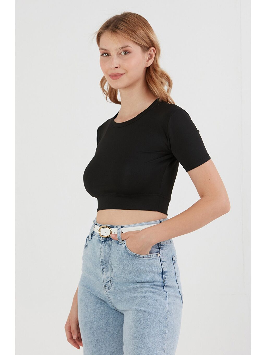 Siyah Basic Bisiklet Yaka Crop Tişört-2
