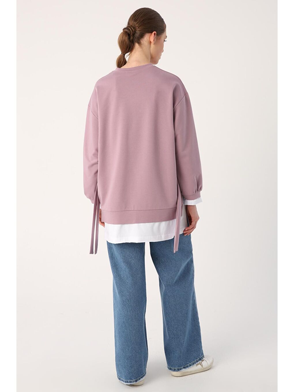 Lila Kuşaklı Etek Ucu Garnili Örme Sweat Tunik-3