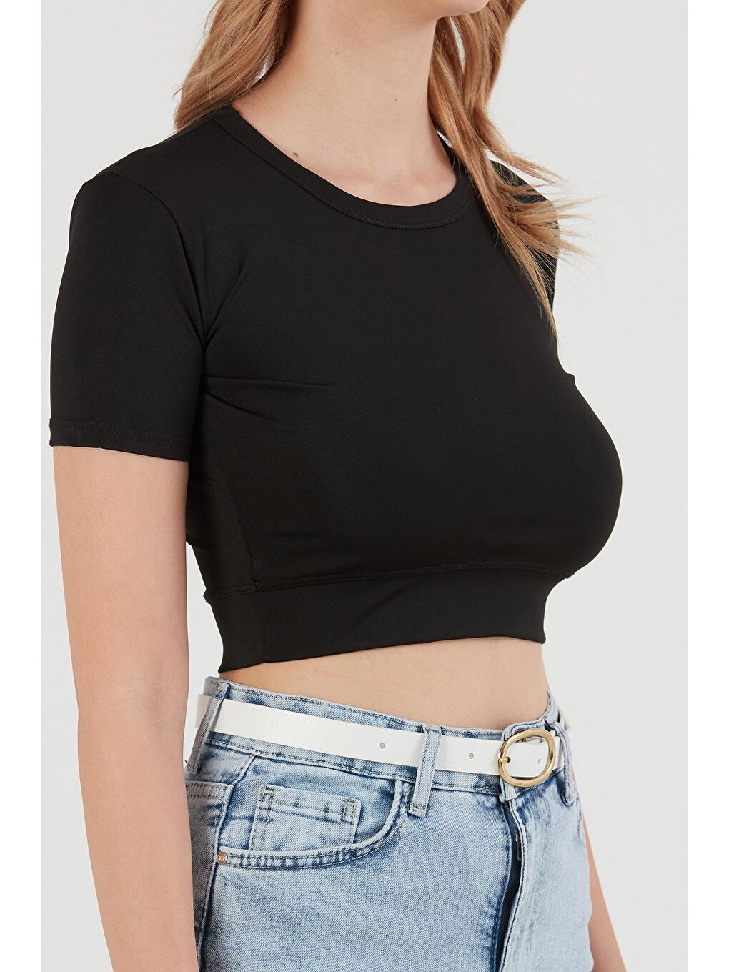 Siyah Basic Bisiklet Yaka Crop Tişört-4