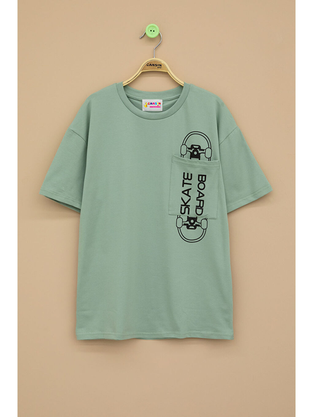 Yeşil Skateboard Baskılı Cepli Erkek Çocuk Bisiklet Yaka Tişört 20909