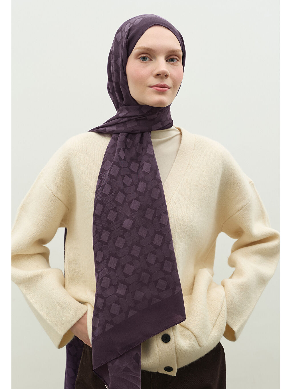 Mor OSLO PAMUK FLOŞ JAKARLI ŞAL PATLICAN MORU-1