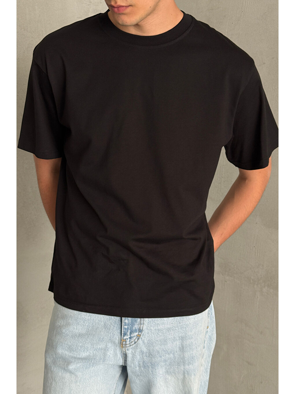 Siyah Erkek %100 Pamuk Oversize Basic T-shirt-1