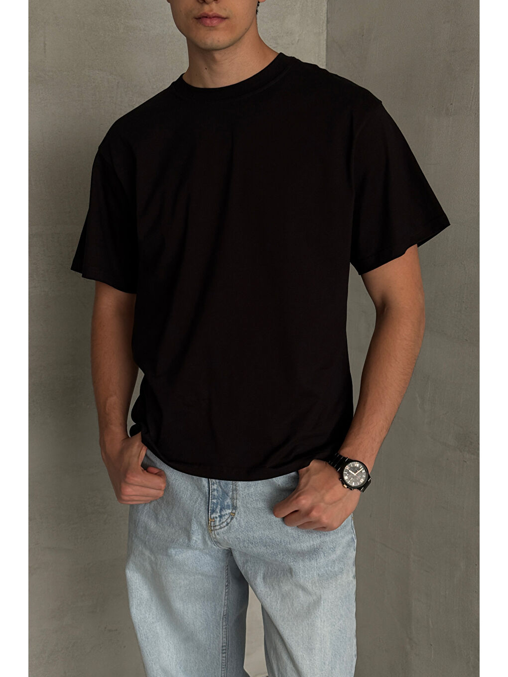 Siyah Erkek %100 Pamuk Oversize Basic T-shirt-2