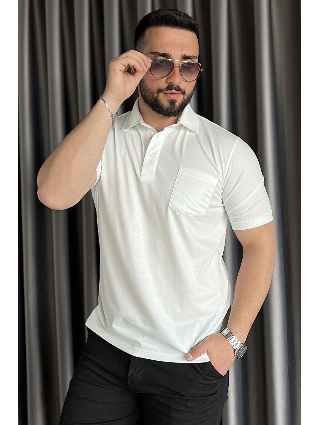 Beyaz Polo Yaka Yarım Düğmeli Cepli Erkek Tişört-1