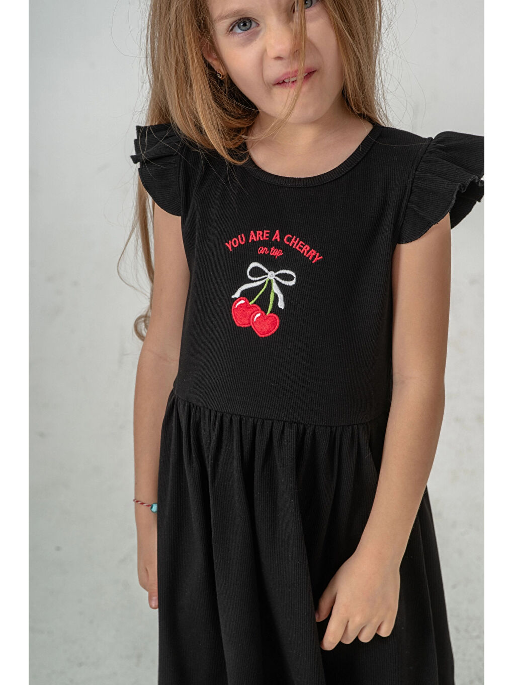 Siyah Kiraz Nakışlı Kız Çocuk Elbise 50772-3