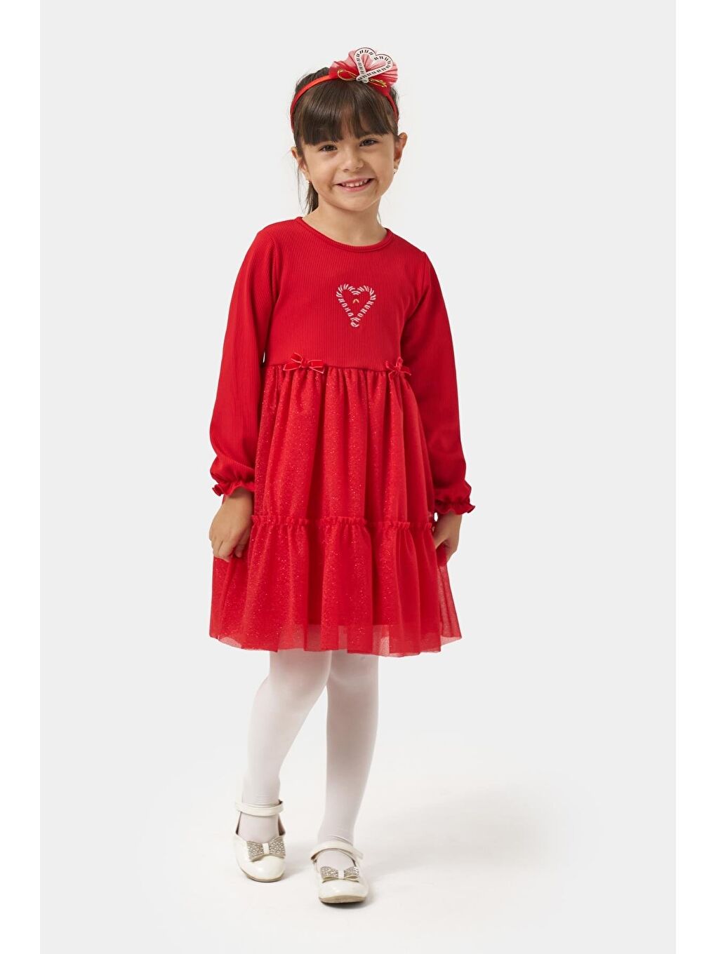 Kız Çocuk Pamuklu Kırmızı Baston Şeker Kalp Desenli Tüllü Elbise - Fırfırlı Parıltılı Etek Detaylı-1