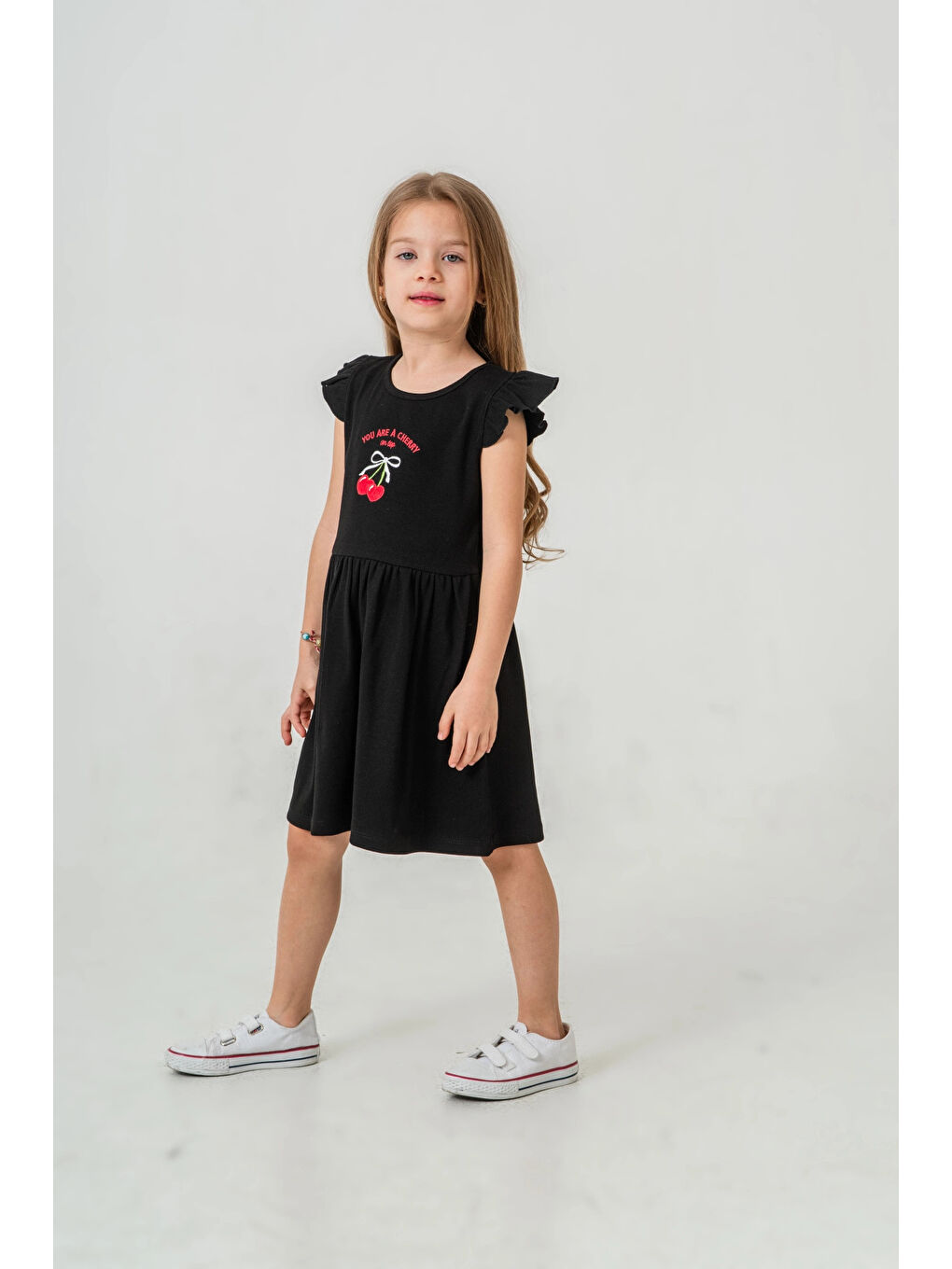 Siyah Kiraz Nakışlı Kız Çocuk Elbise 50772-4