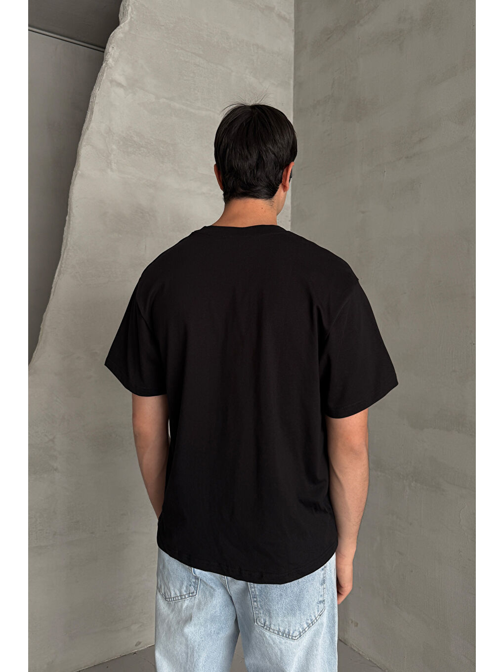 Siyah Erkek %100 Pamuk Oversize Basic T-shirt-3