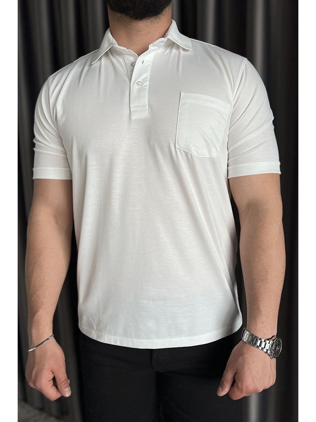 Beyaz Polo Yaka Yarım Düğmeli Cepli Erkek Tişört-3