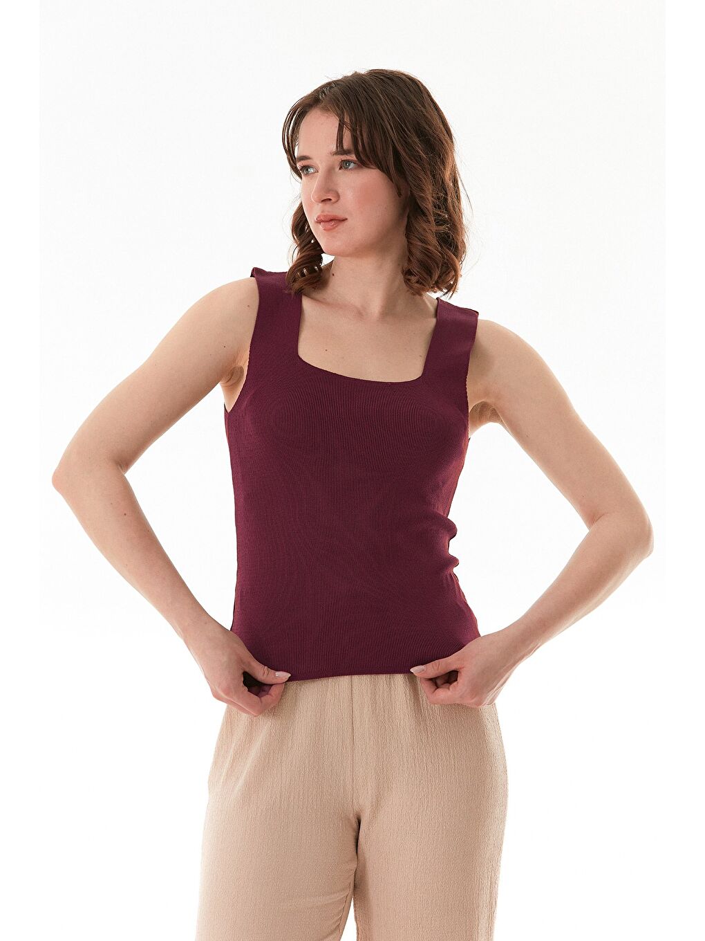 Bordo Basic Kare Yaka Triko Bluz