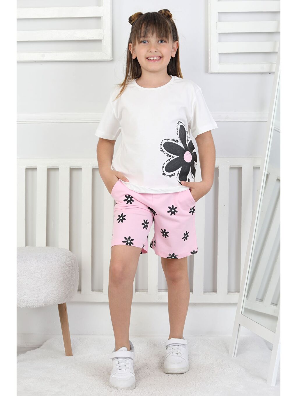 Pembe Papatya Baskılı Kısa Kollu Cepli Kız Çocuk Şort Takım-7