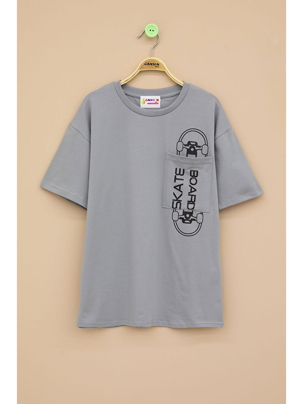 Gri Füme Skateboard Baskılı Cepli Erkek Çocuk Bisiklet Yaka Tişört 20910