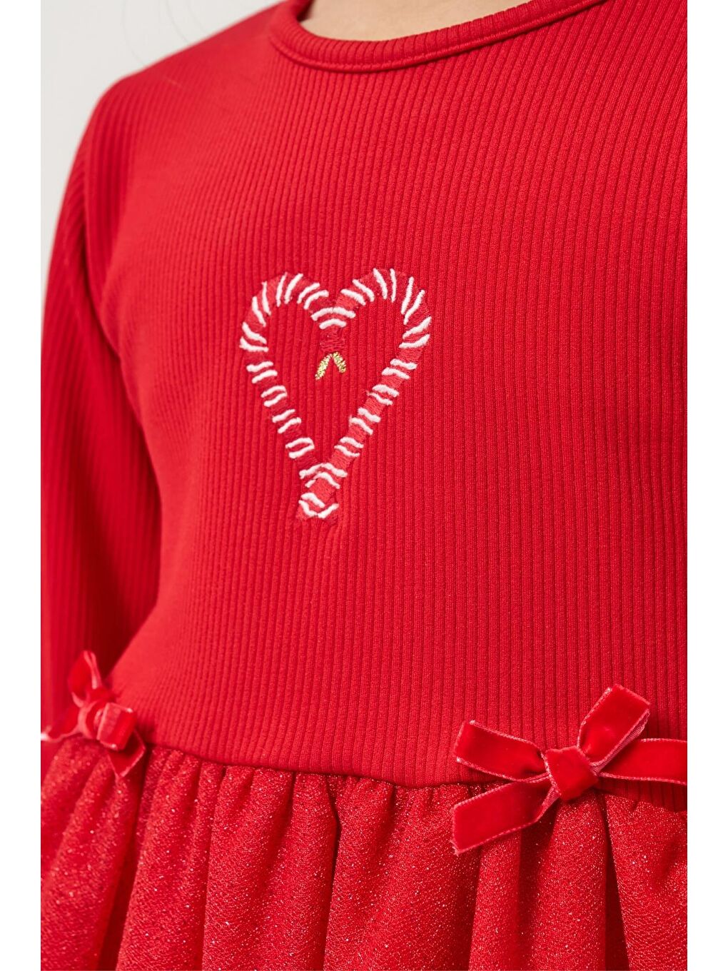 Kız Çocuk Pamuklu Kırmızı Baston Şeker Kalp Desenli Tüllü Elbise - Fırfırlı Parıltılı Etek Detaylı-6