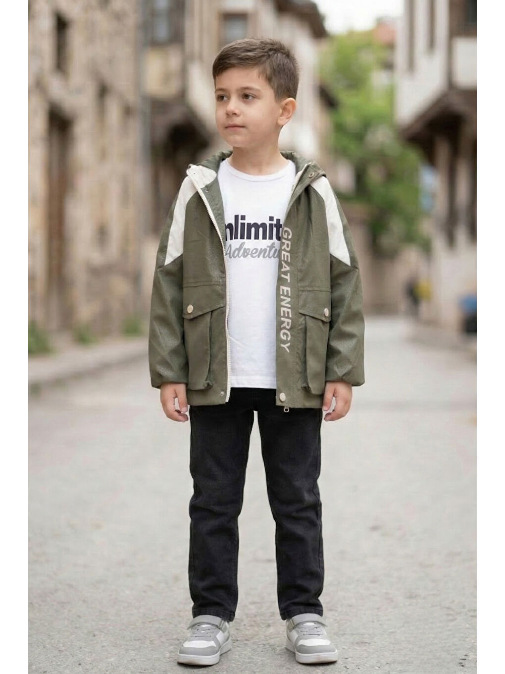 Haki Erkek Çocuk Kapüşonlu Nova Mevsimlik Mont Penye Pantolon Üçlü Takım TKM7587-2