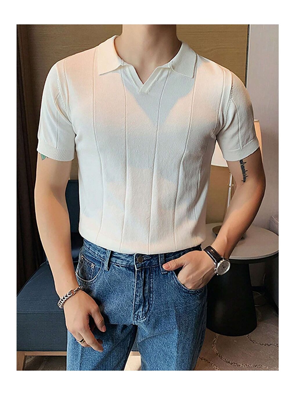 Beyaz Erkek Çizgili Kısa Kollu Triko T-Shirt