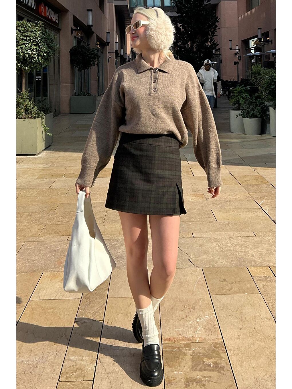 Bej Vizon Düğmeli Polo Yaka Kadın Kazak Mg2307-1