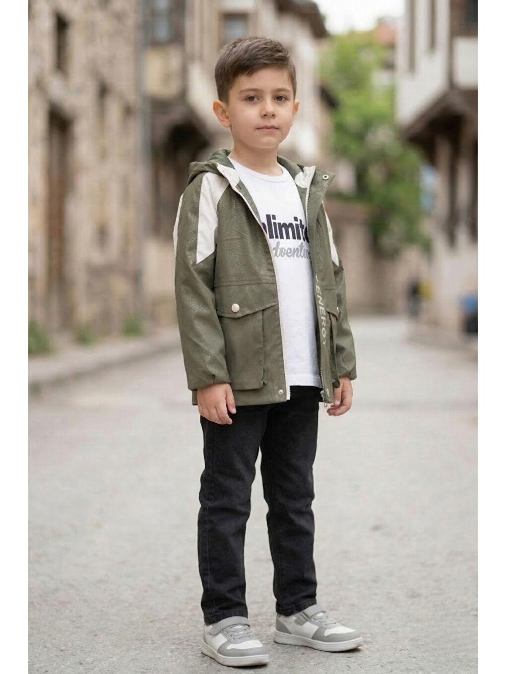 Haki Erkek Çocuk Kapüşonlu Nova Mevsimlik Mont Penye Pantolon Üçlü Takım TKM7587-3