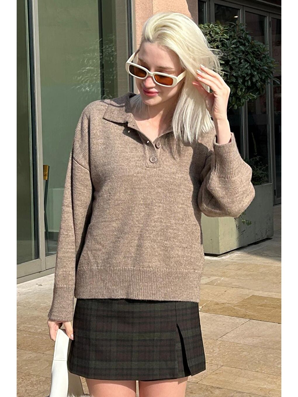 Bej Vizon Düğmeli Polo Yaka Kadın Kazak Mg2307-3