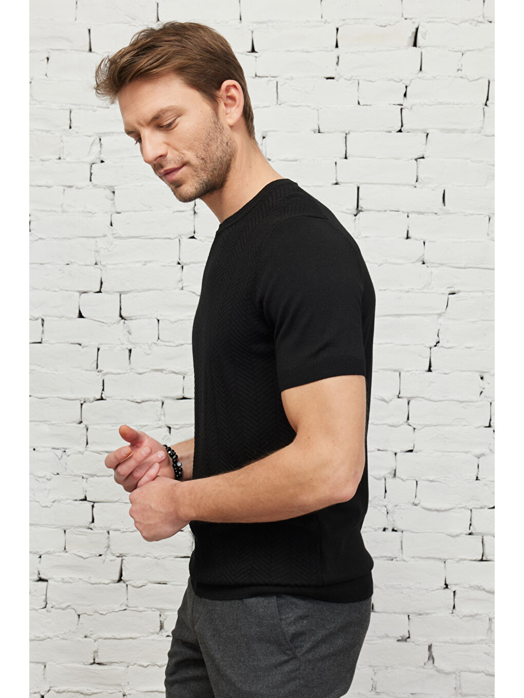 Erkek Siyah Standart Fit Normal Kesim Bisiklet Yaka Kısa Kollu Jakarlı Triko Tişört-5