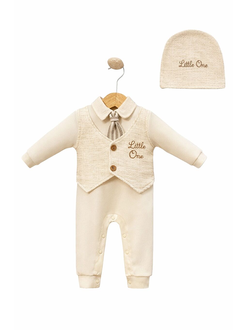 Ekru Erkek Bebek Kravatlı Pamuklu Little One yazılı Tulum Şapkalı 2li Takım Çıtçıtlı Bayramlık
