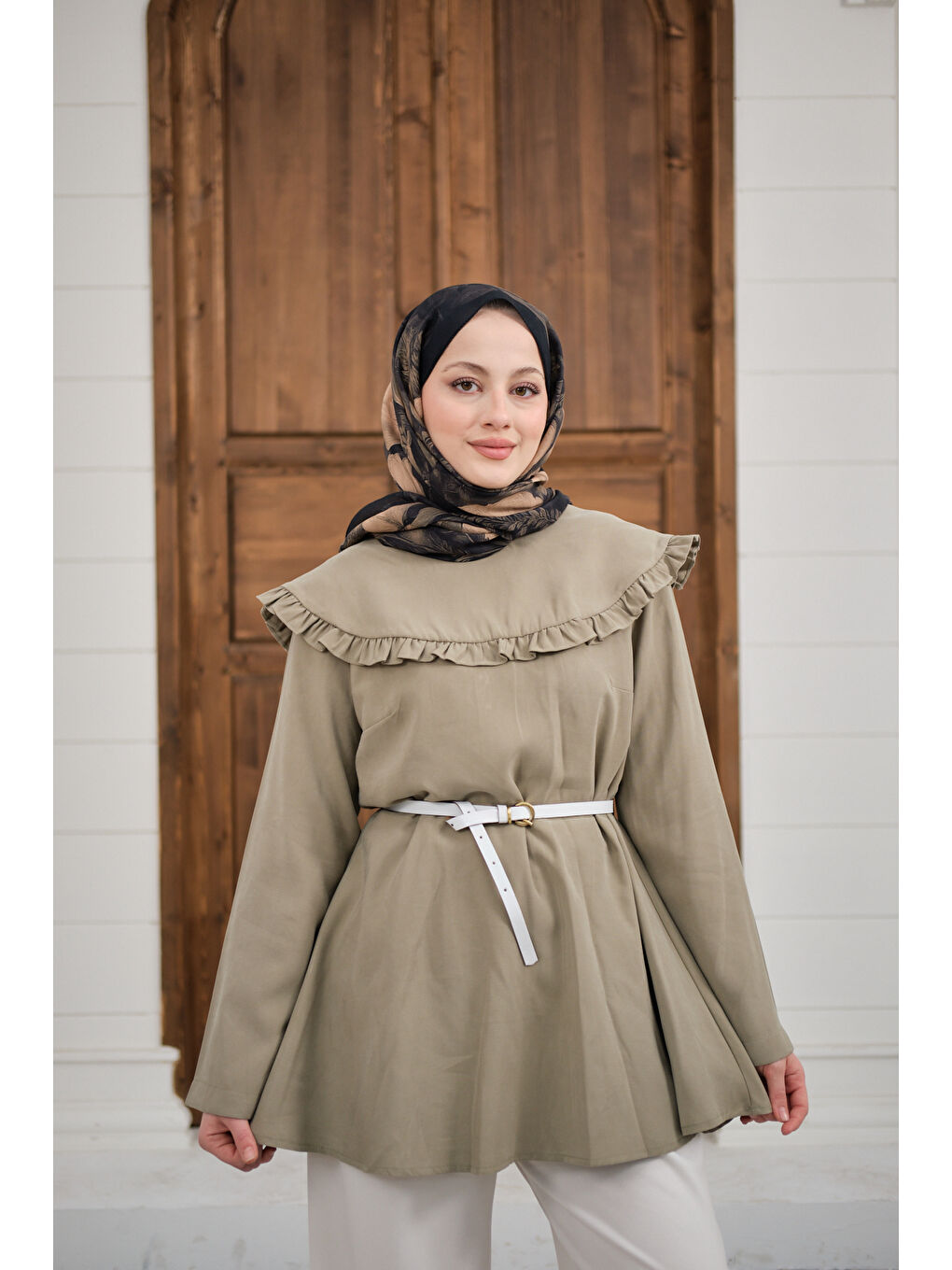 Kadın Fırfır Detay Dikiş Pensli Tunik Küf Yeşil