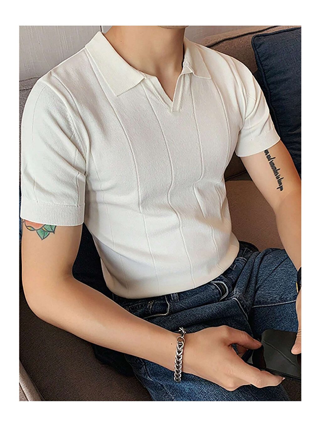 Beyaz Erkek Çizgili Kısa Kollu Triko T-Shirt-1