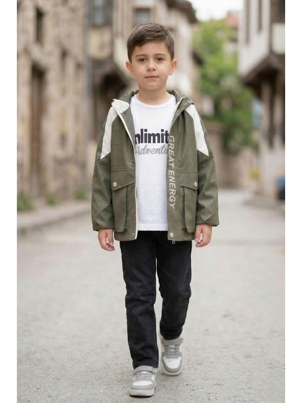 Haki Erkek Çocuk Kapüşonlu Nova Mevsimlik Mont Penye Pantolon Üçlü Takım TKM7587-5