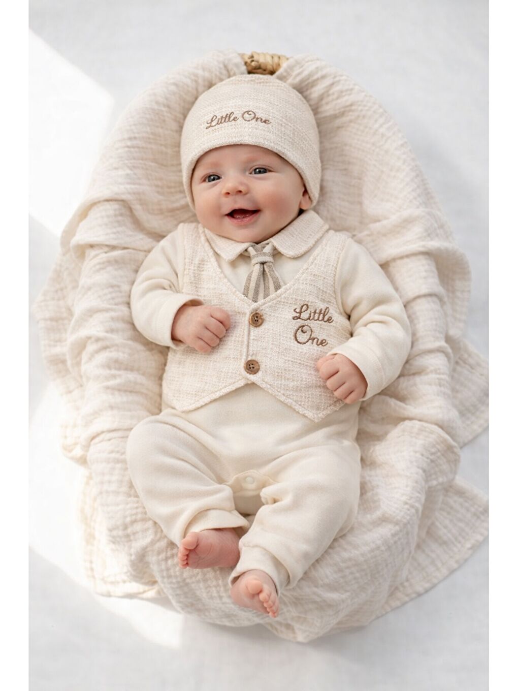 Ekru Erkek Bebek Kravatlı Pamuklu Little One yazılı Tulum Şapkalı 2li Takım Çıtçıtlı Bayramlık-1