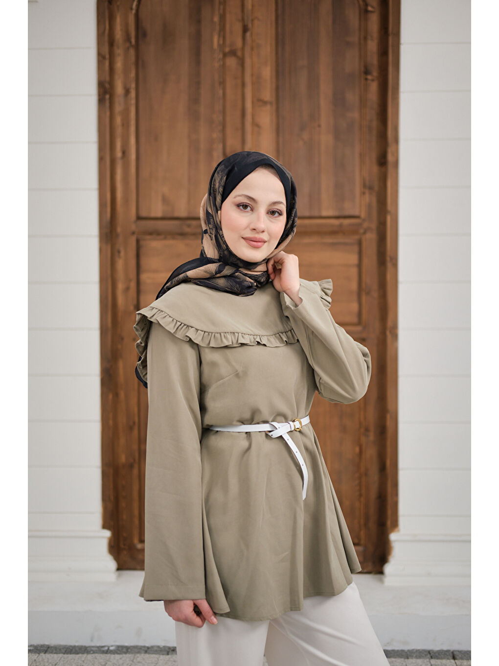 Kadın Fırfır Detay Dikiş Pensli Tunik Küf Yeşil-1