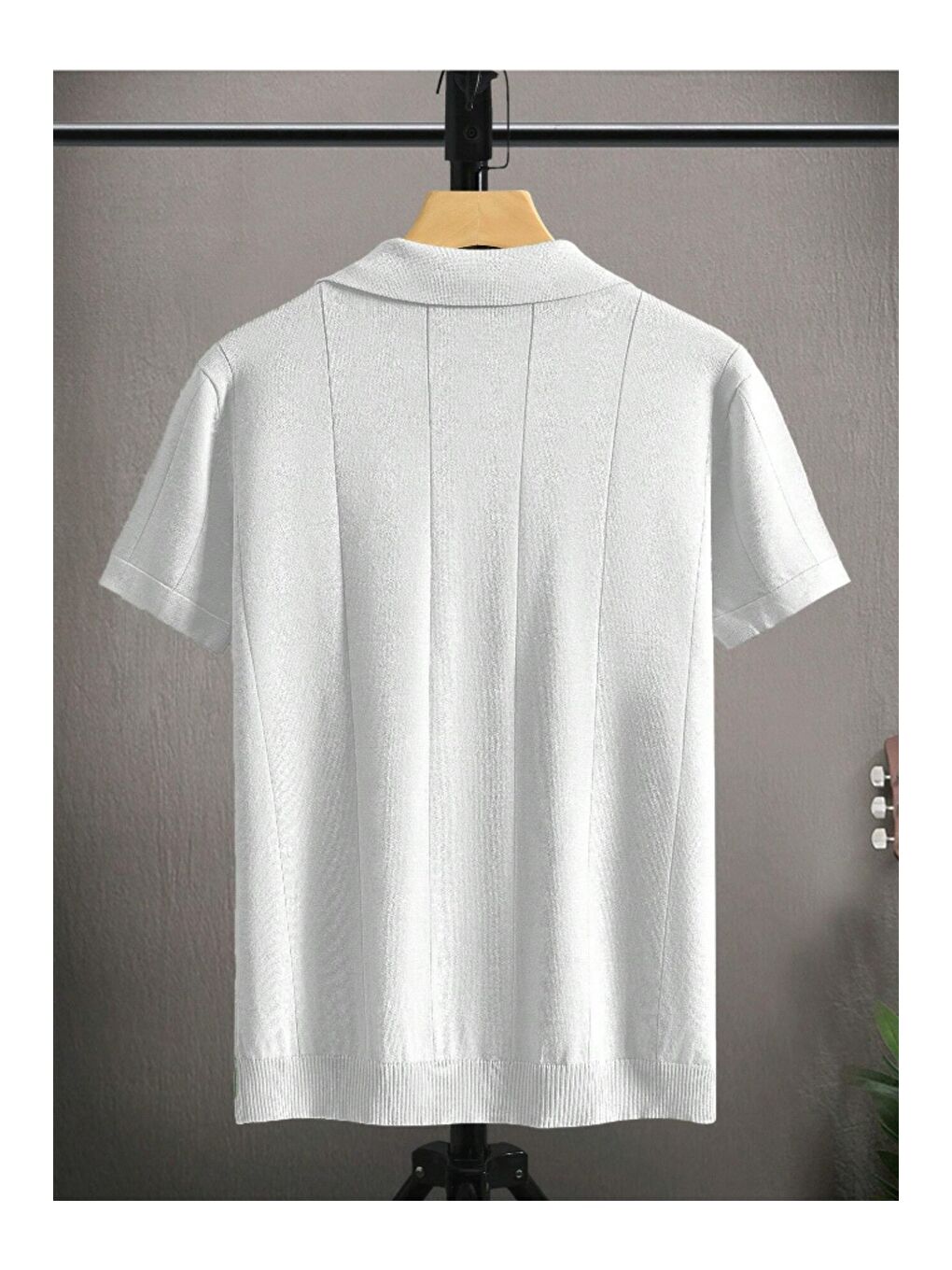 Beyaz Erkek Çizgili Kısa Kollu Triko T-Shirt-2